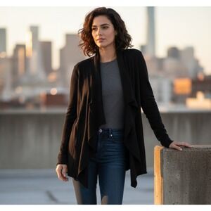 Free People Ruffle Asymmetrical Zip Cardigan Women's Large Black Long Sleeve